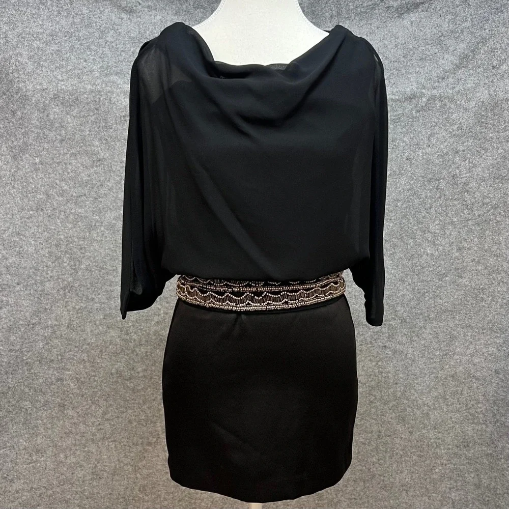 XOXO Flowy Black Beaded Waist Open‎ Back Mini Dress Party Cocktail Size 3/4